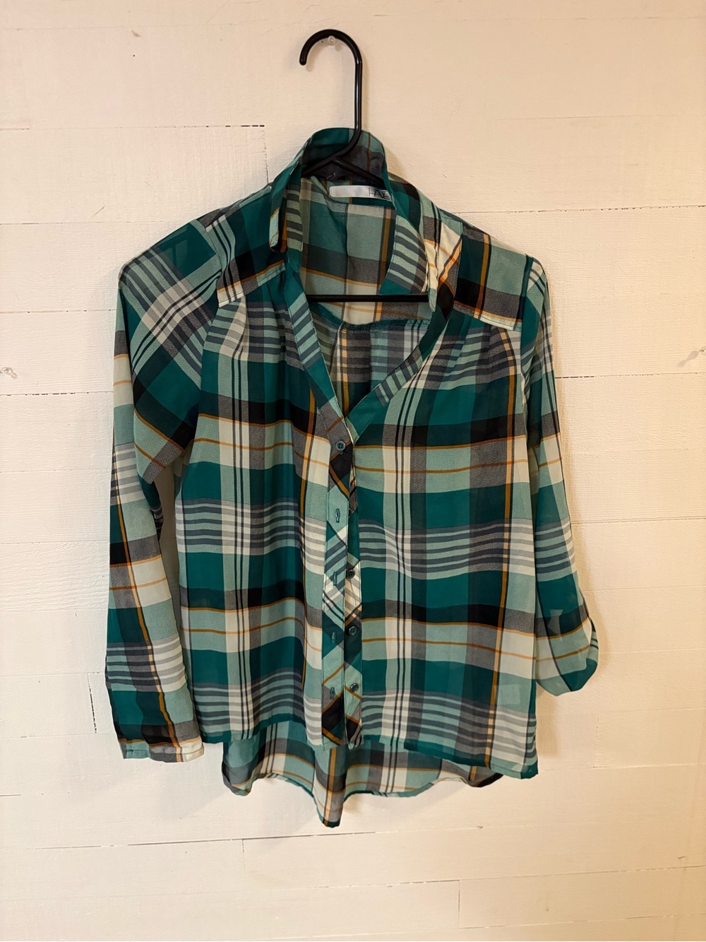 HAVE Sheer Plaid Button Front Blouse Teal Green Women’s Small